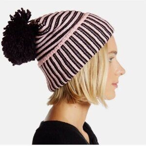 Kate Spade New York Pastry Pink/Black Plaited Rib Cuff Hat W/ Pom NWT